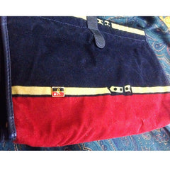 Vintage Roberta di Camerino, Ambassador, red, navy, and beige velvet clutch purse, makeup, cosmetic pouch with golden logo motif.