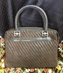 Vintage Bally Dark Brown & Khaki Woven Leather Handbag — Smooth and Suede Combo — Golden B Logo — Rare Masterpiece. 050323re2