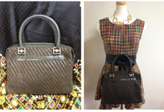 Vintage Bally Dark Brown & Khaki Woven Leather Handbag — Smooth and Suede Combo — Golden B Logo — Rare Masterpiece. 050323re2