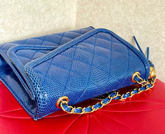MINT. Vintage CHANEL blue genuine lizard leather double envelop style flap shoulder purse with golden chain strap and tassel. 050225ac1