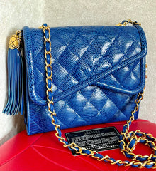 MINT. Vintage CHANEL blue genuine lizard leather double envelop style flap shoulder purse with golden chain strap and tassel. 050225ac1