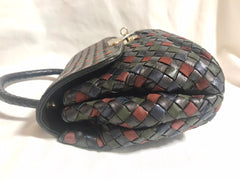 Vintage Bottega Veneta black, navy, wine, green, multicolor intrecciato woven leather handbag. Rare masterpiece.