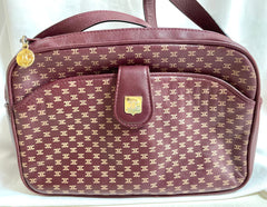 1980s. vintage Celine shoulder purse in bordeaux, burgundy leather with iconic blaison macadam print all over. riri zipper. 0411102