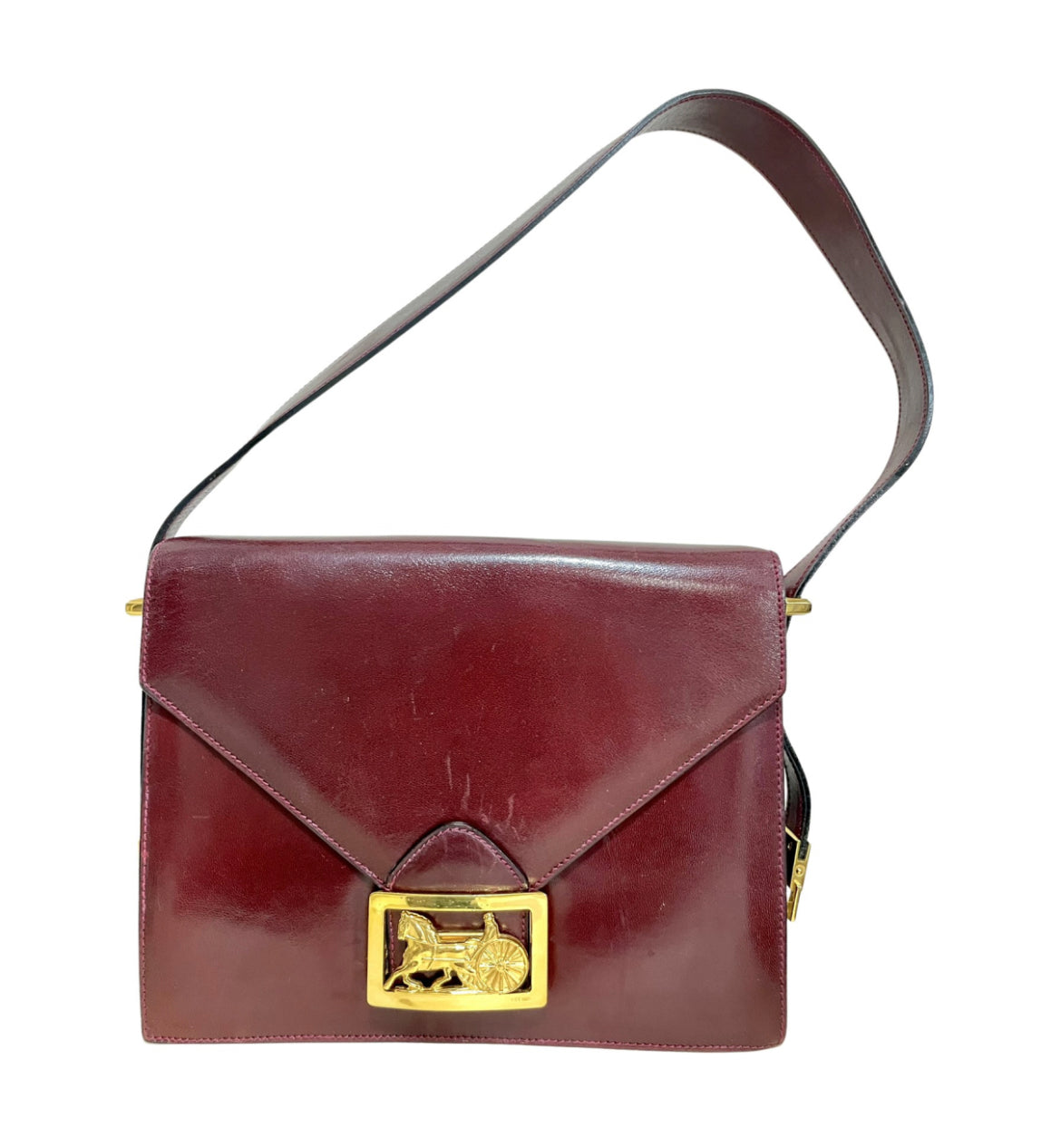 Vintage Celine wine red shoulder bag with clutch purse with golden carriage logo. Perfect elegance for your daily use. 050326rk1