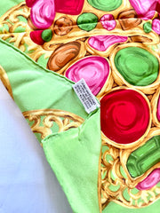 Vintage Chanel lime green scarf with gold, red, pink, green, colorful gripoix jewelry print. Large silk scarf. Gorgeous wrapping.050131ya1