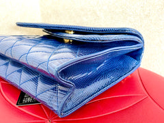 MINT. Vintage CHANEL blue genuine lizard leather double envelop style flap shoulder purse with golden chain strap and tassel. 050225ac1