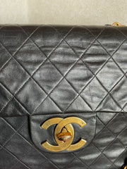Vintage CHANEL black lamb leather large, jumbo size shoulder bag with big golden CC closure and chain strap. 2.55 classic purse. 050223rc1