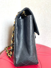 Vintage CHANEL black lamb leather large, jumbo size shoulder bag with big golden CC closure and chain strap. 2.55 classic purse. 050223rc1