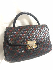 Vintage Bottega Veneta black, navy, wine, green, multicolor intrecciato woven leather handbag. Rare masterpiece.