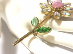 Vintage Christian Lacroix flower brooch pin with crystals and pink stone. Must have gorgeous masterpiece. 040427
