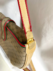 Vintage Gucci GG monogram shoulder bag with red and green webbing color convo shoulder bag. Golden and silver GG motif on the flap. 0411273