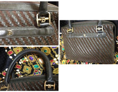 Vintage Bally Dark Brown & Khaki Woven Leather Handbag — Smooth and Suede Combo — Golden B Logo — Rare Masterpiece. 050323re2