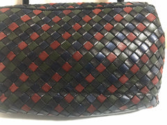 Vintage Bottega Veneta black, navy, wine, green, multicolor intrecciato woven leather handbag. Rare masterpiece.