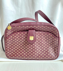 1980s. vintage Celine shoulder purse in bordeaux, burgundy leather with iconic blaison macadam print all over. riri zipper. 0411102