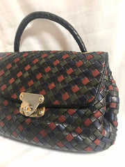 Vintage Bottega Veneta black, navy, wine, green, multicolor intrecciato woven leather handbag. Rare masterpiece.
