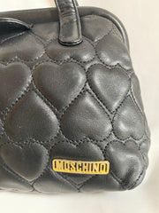 Vintage MOSCHINO black heart shape quilted lambskin mini handbag, tote purse. Too cute to carry.