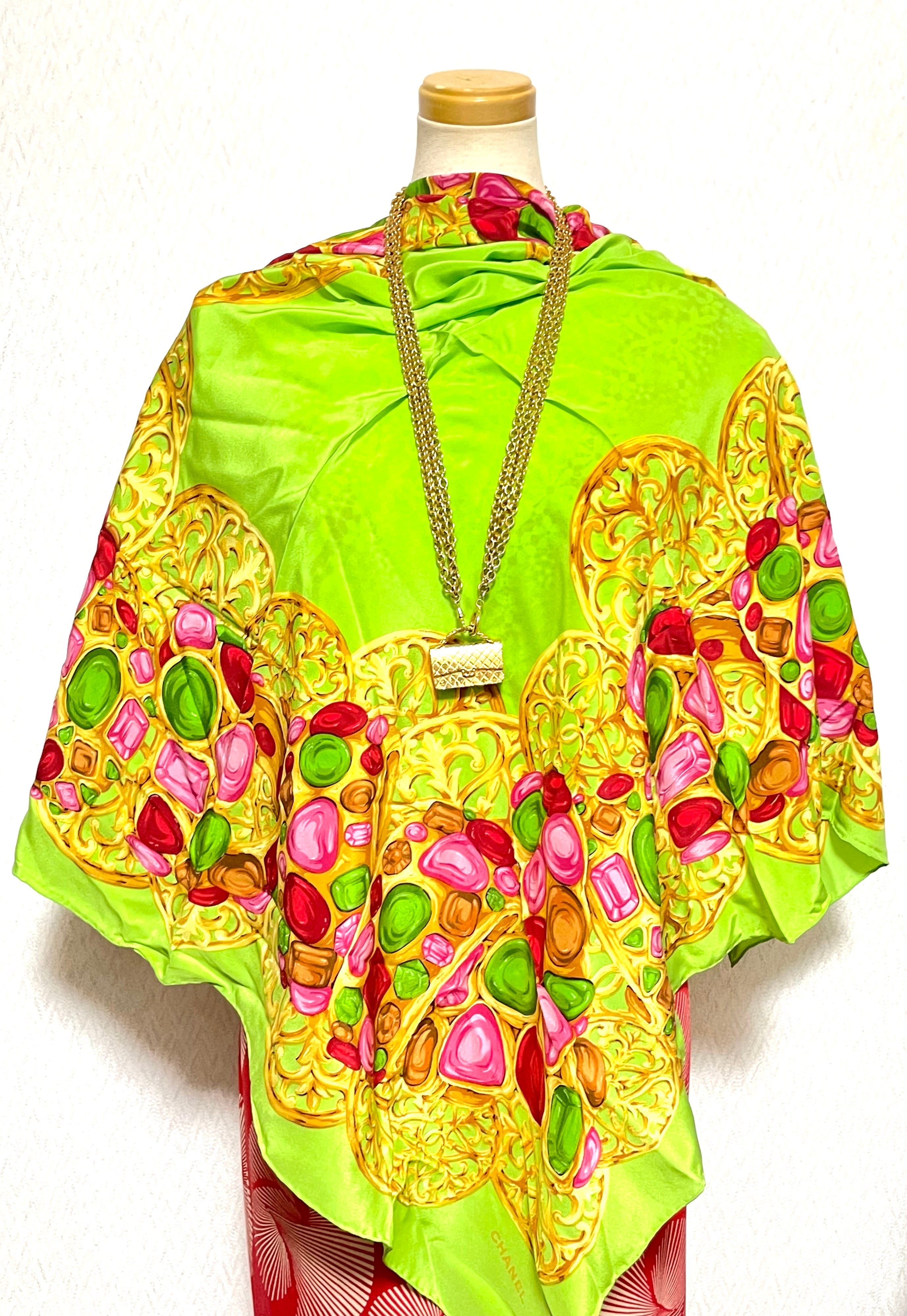 Vintage Chanel lime green scarf with gold, red, pink, green, colorful gripoix jewelry print. Large silk scarf. Gorgeous wrapping.050131ya1