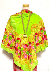 Vintage Chanel lime green scarf with gold, red, pink, green, colorful gripoix jewelry print. Large silk scarf. Gorgeous wrapping.050131ya1