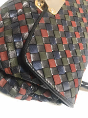 Vintage Bottega Veneta black, navy, wine, green, multicolor intrecciato woven leather handbag. Rare masterpiece.