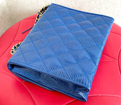 MINT. Vintage CHANEL blue genuine lizard leather double envelop style flap shoulder purse with golden chain strap and tassel. 050225ac1