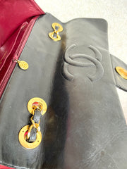 Vintage CHANEL black lamb leather large, jumbo size shoulder bag with big golden CC closure and chain strap. 2.55 classic purse. 050223rc1