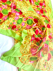 Vintage Chanel lime green scarf with gold, red, pink, green, colorful gripoix jewelry print. Large silk scarf. Gorgeous wrapping.050131ya1
