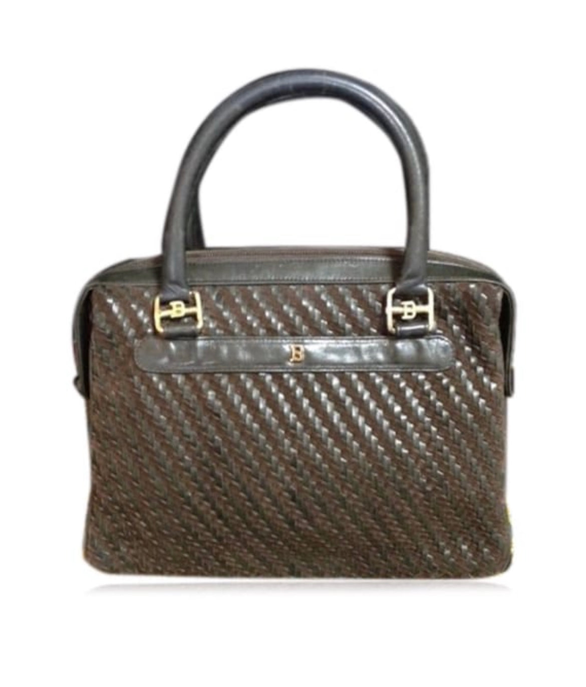 Vintage Bally Dark Brown & Khaki Woven Leather Handbag — Smooth and Suede Combo — Golden B Logo — Rare Masterpiece. 050323re2