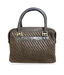 Vintage Bally Dark Brown & Khaki Woven Leather Handbag — Smooth and Suede Combo — Golden B Logo — Rare Masterpiece. 050323re2