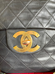 Vintage CHANEL black lamb leather large, jumbo size shoulder bag with big golden CC closure and chain strap. 2.55 classic purse. 050223rc1