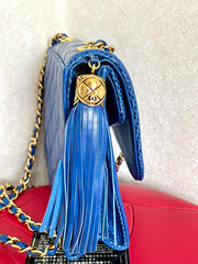 MINT. Vintage CHANEL blue genuine lizard leather double envelop style flap shoulder purse with golden chain strap and tassel. 050225ac1