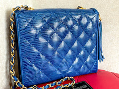 MINT. Vintage CHANEL blue genuine lizard leather double envelop style flap shoulder purse with golden chain strap and tassel. 050225ac1