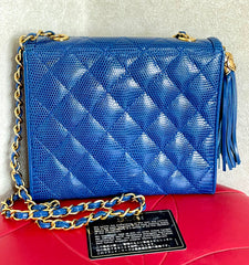 MINT. Vintage CHANEL blue genuine lizard leather double envelop style flap shoulder purse with golden chain strap and tassel. 050225ac1