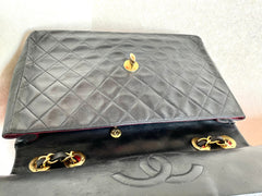 Vintage CHANEL black lamb leather large, jumbo size shoulder bag with big golden CC closure and chain strap. 2.55 classic purse. 050223rc1