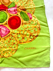 Vintage Chanel lime green scarf with gold, red, pink, green, colorful gripoix jewelry print. Large silk scarf. Gorgeous wrapping.050131ya1