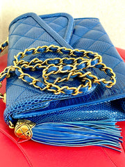 MINT. Vintage CHANEL blue genuine lizard leather double envelop style flap shoulder purse with golden chain strap and tassel. 050225ac1