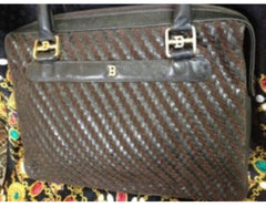Vintage Bally Dark Brown & Khaki Woven Leather Handbag — Smooth and Suede Combo — Golden B Logo — Rare Masterpiece. 050323re2