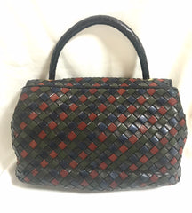 Vintage Bottega Veneta black, navy, wine, green, multicolor intrecciato woven leather handbag. Rare masterpiece.