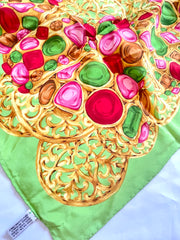 Vintage Chanel lime green scarf with gold, red, pink, green, colorful gripoix jewelry print. Large silk scarf. Gorgeous wrapping.050131ya1