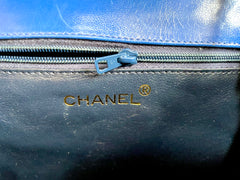 MINT. Vintage CHANEL blue genuine lizard leather double envelop style flap shoulder purse with golden chain strap and tassel. 050225ac1