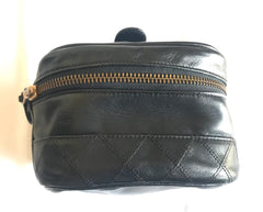 Vintage CHANEL calfskin classic cosmetic and toiletry black pouch, vanity bag with CC charm. Classic make up case. 0506301