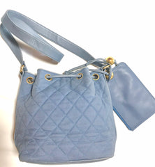 Vintage CHANEL blue quilted canvas and leather combo hobo bucket shoulder bag with drawstrings and golden CC mark balls. 060905r3