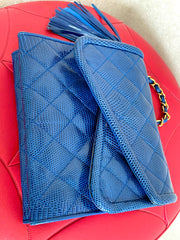 MINT. Vintage CHANEL blue genuine lizard leather double envelop style flap shoulder purse with golden chain strap and tassel. 050225ac1
