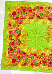 Vintage Chanel lime green scarf with gold, red, pink, green, colorful gripoix jewelry print. Large silk scarf. Gorgeous wrapping.050131ya1