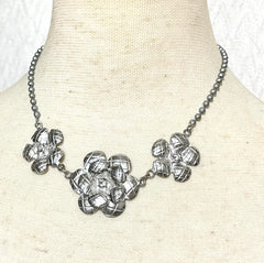 Vintage CHANEL silver matelasse camellia, rose flower charm necklace. Classic Chanel jewelry for your collection. So chic and mod. 0410031