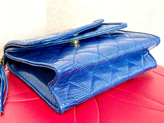 MINT. Vintage CHANEL blue genuine lizard leather double envelop style flap shoulder purse with golden chain strap and tassel. 050225ac1