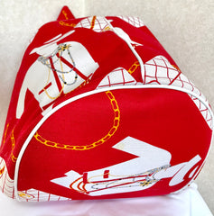 Vintage CHANEL red and white canvas large hobo shoulder bag with supermodel print and CC charm. Mademoiselle. 0407231