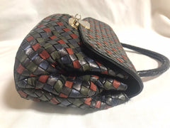 Vintage Bottega Veneta black, navy, wine, green, multicolor intrecciato woven leather handbag. Rare masterpiece.