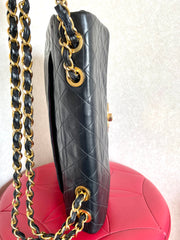 Vintage CHANEL black lamb leather large, jumbo size shoulder bag with big golden CC closure and chain strap. 2.55 classic purse. 050223rc1