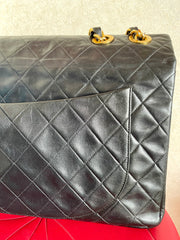 Vintage CHANEL black lamb leather large, jumbo size shoulder bag with big golden CC closure and chain strap. 2.55 classic purse. 050223rc1