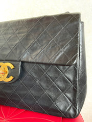 Vintage CHANEL black lamb leather large, jumbo size shoulder bag with big golden CC closure and chain strap. 2.55 classic purse. 050223rc1